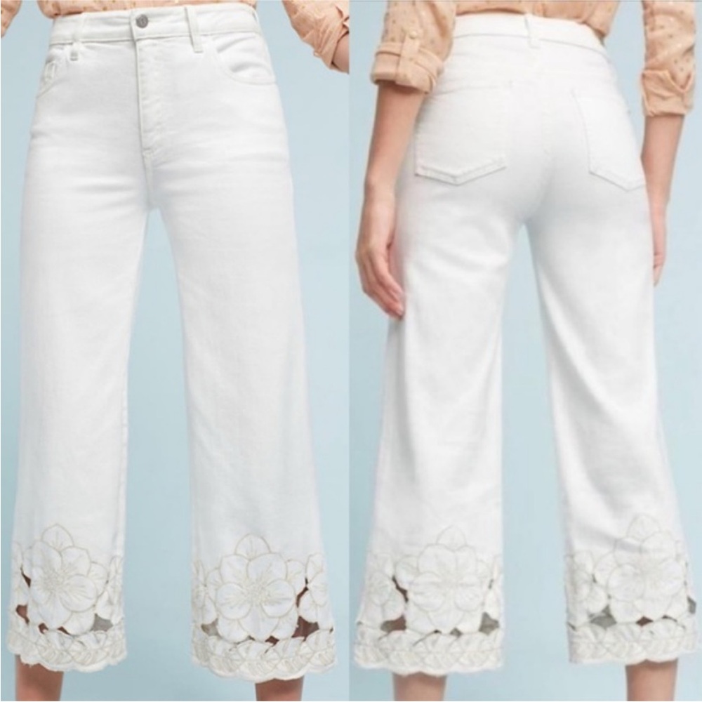 Anthropologie Pilcro white floral embroidered cropped wide leg jeans